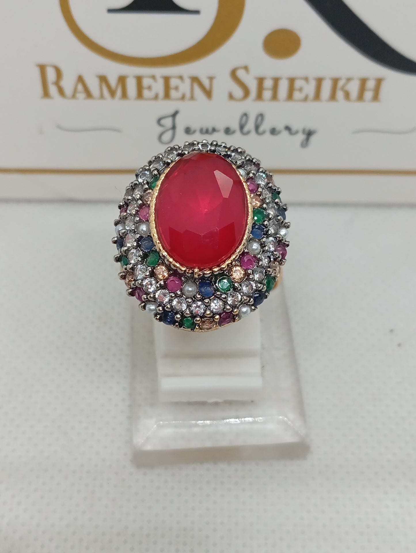 Stone & Zircons embedded adjustable ring | 7 colors | 22 k gold plated hand crafted | RR-8749